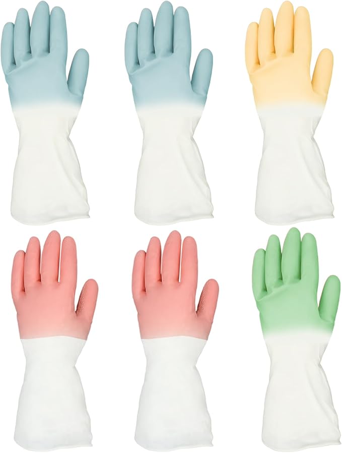 Rubber Dishwashing Gloves 6 Pairs, Rubber Cleaning Gloves for Household Washing Dishes Cleaning Gardening, Colorful Non-Slip Dish Gloves for Women Men Medium