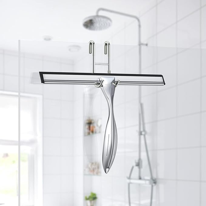 14-Inches Stainless Steel Shower Squeegee Set, Include Shower Door Hook, Adhesive Hook and Spare Silicone Blade, Window Squeegee for Shower Glass Door, Bathroom, Mirror, Window and Car Glass
