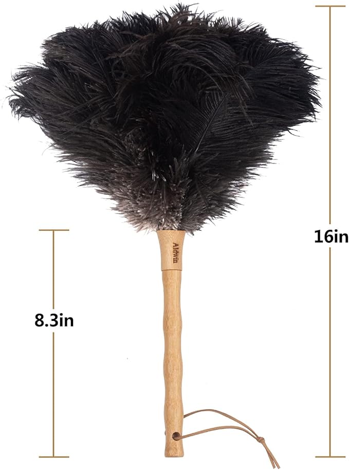 Aldwin Ostrich Feather Duster, 16 inch Black Genuine Ostrich Feathers with Wood Handle, Reusable Car Dusters, Eco-Friendly Cleaning Handheld Dusters for Home, Office and Kitchen