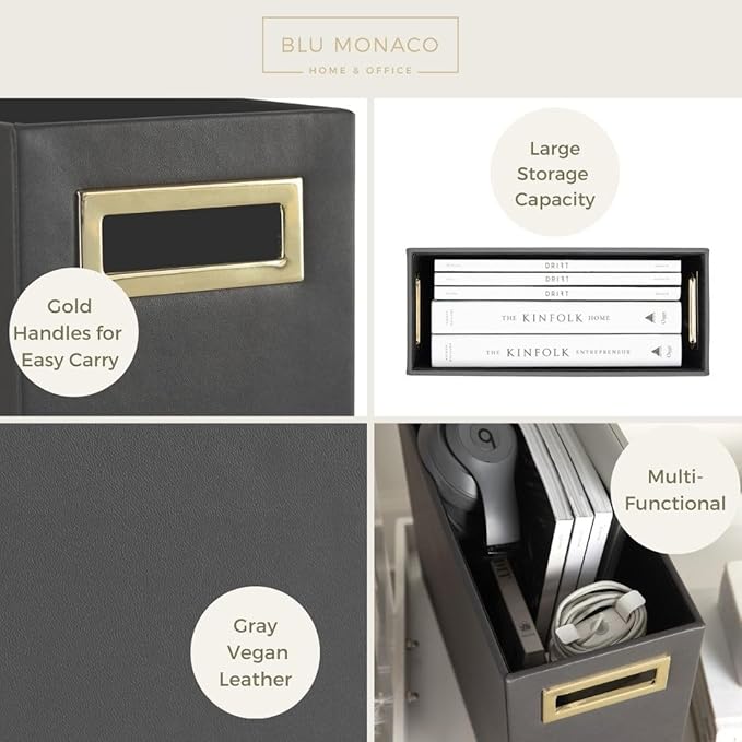 BLU MONACO Magazine Basket: Grey Leather Bathroom Holder – Stylish Modern Rack and Newspaper Stand, Decorative Floor-Mounted Organizer for Elegant Bathroom Storage.