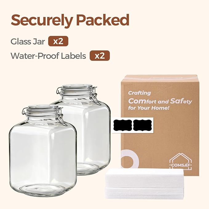 ComSaf Set of 2 Square Glass Jars, 1.1 Gallon (4L) Large Airtight Canisters for Bulk Food Storage, Flour, Rice, Fermenting, Wide Mouth, Space Saving