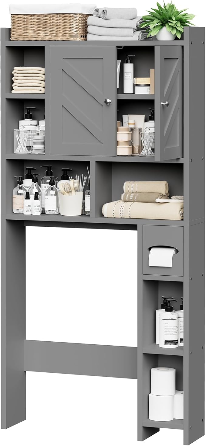 Meilocar Over the Toilet Storage Cabinet, Freestanding Farmhouse Storage Cabinet Over Toilet, Bathroom Organizer with Paper Holder Stand and Adjustable Shelf, Grey
