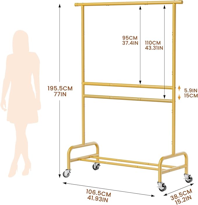 Abiglifty 2 Tier Clothes Rcks for Hanging Clothes, Heavy-Duty Clothing Rack with Wheels,150LBS Capacity, 42" W X15 D X 77" H Garment Rack with Bottom Shelf, for Bedroom, Living Room, Gold