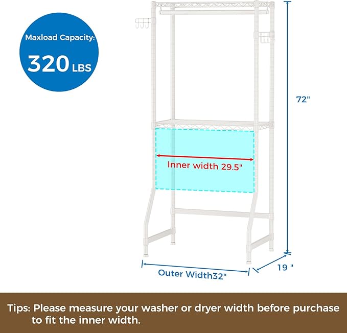 Golpart Over Washer and Dryer Shelves,2 Tier Adjustable Height Wire Shelving Laundry Room Storage Organization Clothes Drying Rack with Hanger Rod&Hooks,Space Saving Organizers Shelf,White