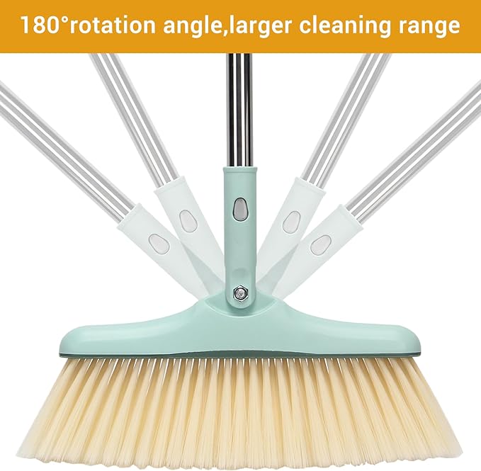Broom and Dustpan Set,Long Handle Broom and Dustpan Set,Broom with Stand Up Dustpan Combo Set,for Home, Office, Lobby(Green)