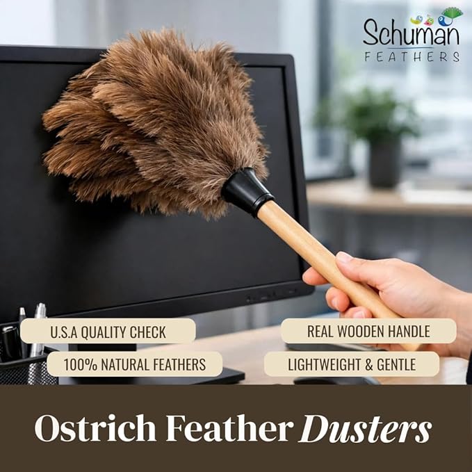 Feather Duster with Ostrich Feathers Wooden Handle 14" – Natural Reusable Duster for Cleaning, Furniture & Shelves, Blinds, Ceiling Fan, Dusting Tool for Home, Office, Delicate Surfaces - 2 Pack