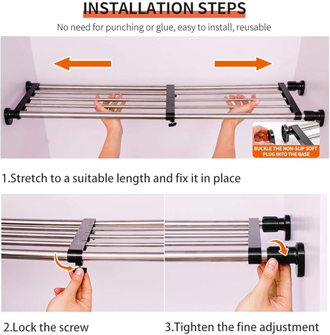 Hershii Expandable Closet Tension Shelf Rod Adjustable Metal Storage Rack Cabinet Organizer DIY Divider Separator Shelves for Wardrobe Cupboard Kitchen Bathroom, Black,43.3-75inches