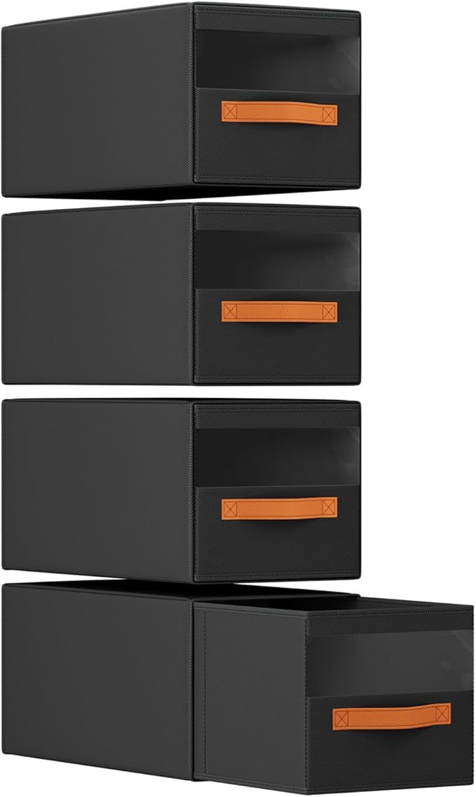 DIMJ Closet Organizers and Storage - Fabric Bins with Drawers for Closet Foldable Clothes Organizers with Clear Window, Stackable Storage Drawers Units for Hat, 4-Pack, Black