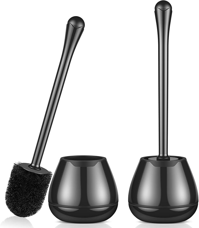 Toilet Brush and Holder, 2 Pack Toilet Bowl Brush with Long Handle, Easy to Hide, Drip-Proof, Easy to Assemble, Deep Cleaning Black