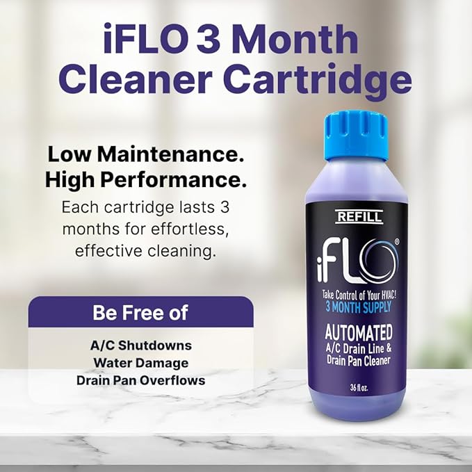 iFLO® Smart A/C Drain Line Cleaner and Drain Pan Cleaner Cartridge, Fast-Acting, Long-Lasting HVAC System Solution for Tough Clogs & Buildup, 3-Month Supply per Bottle, 1 Pack of 36oz