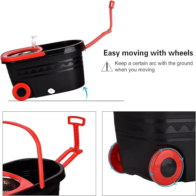 Spin Mop and Bucket with Wringer Set on Wheels, 360 Spinning Mop with Stainless Steel Handle for All Hard Surfaces, Floor Cleaning System with 3 Microfiber Replacement Heads, Black/Red