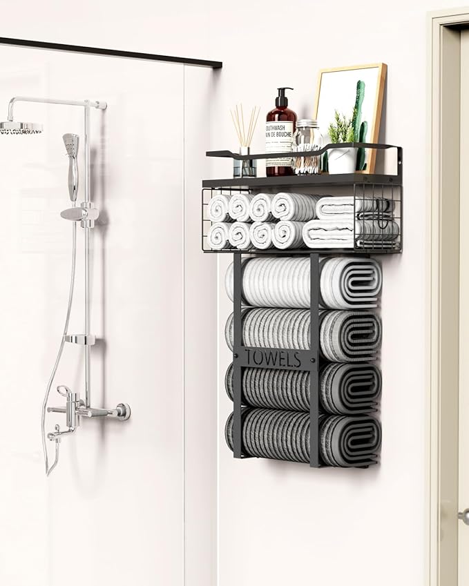 Wall Mounted Towel Rack for Bathroom - Bath Storage Holder Set Above Toilet, Rolled Towel Shelf Organizer, Wood Vertical Rack for Small Bathroom Decor, Black