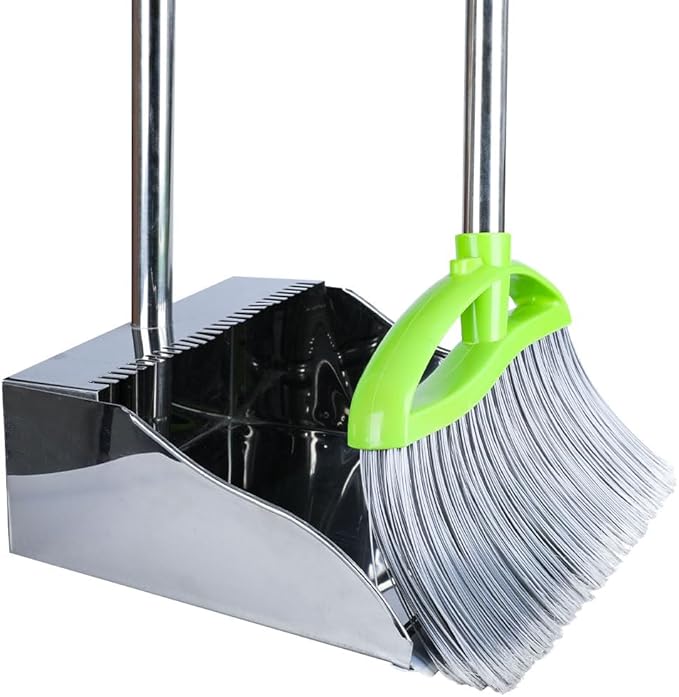Heavy Duty Broom and Dustpan Set, Metal Stand Up Dustpan with Outdoor Stiff Bristles Broom for Hardwood Patio Floor Sweeping