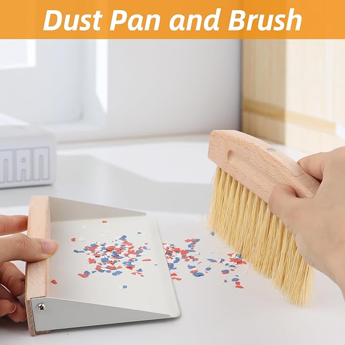 Small Dustpan and Brush Set with Wooden Handle,Mini Metal Crumb Sweeper for Countertops,Desk,Pet Hair,Car,Portable Cleaning Tools for Kitchen,Camping,Sofa (White)