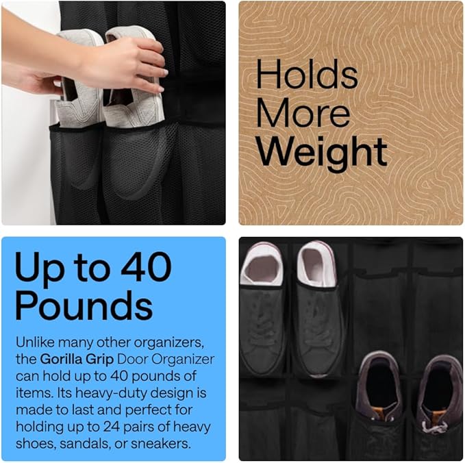 GORILLA GRIP Over the Door Shoe Organizer, 2 Pack, 24 Breathable Mesh Pockets, Space Saving Hanging Storage Holder, Closet Rack Hanger Holds Up to 40 lbs, Hangs on Closets, Shoes, Accessories, Black