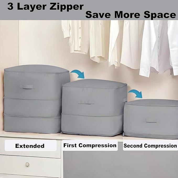 Ultra Space Saving Self Compression Organizer, 3-Layer Zipper Large Capacity Blanket Bags, Thickend Satin Fabric Comforter Storage Bag for Comforters, Clothes, Blankets (X-Large, Gray, 21x17x24in)