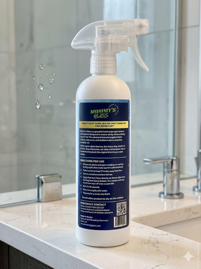Mommy's Glass 2 in 1 Hard Water Spot Remover and Repellent Spray, Heavy-Duty Formula, No Scrubbing Needed, 16 fl oz