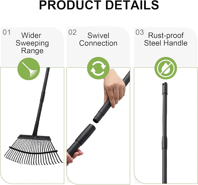 Rake for Leaves, 25 Metal Tines Wide Leaf Rake, 60'' Leaf Rakes for Lawns with Adjustable Steel Handle for Camping Flower Beds Mulch Shrub, Black