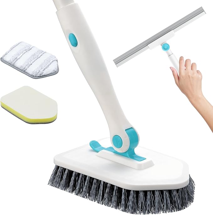 nacena Shower Scrubber with Long Handle, 4 in 1 Tile Tub Scrubber Brush with 3 Detachable Cleaning Shower Heads and Floor Squeegee Shower Cleaner Brush for Bathroom Kitchen Tub Sink Floor, Blue White
