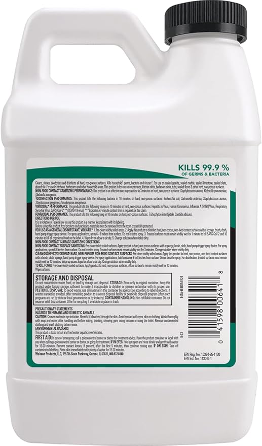 Weiman Disinfecting Granite and Stone Countertop Cleaner and Polish - Safely Cleans & Shines Marble, Quartz Quartzite Slate, Limestone, Corian, Laminate Tile, 64 Oz, 2 Pack