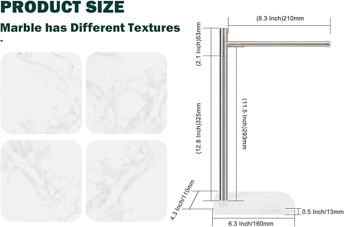 Hand Towel Holder, L-Shape Hand Towel Stand with Marble Base, Stainless Steel Swivel Hand Towel Rack Bar Standing for Bathroom Kitchen Countertop, 1 Arm (Brushed Nickel)