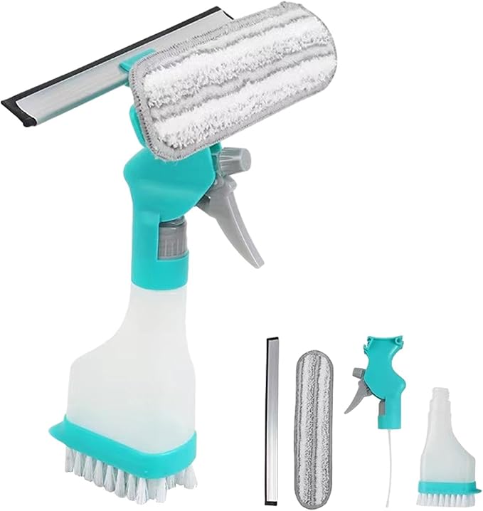 4 in 1 Window Cleaning Kit, Professional Window Vacuum Squeegee with Spray Bottle, Cleaner Brush Tools for Shower Wall Mirror Glass Car Windshield Countertop