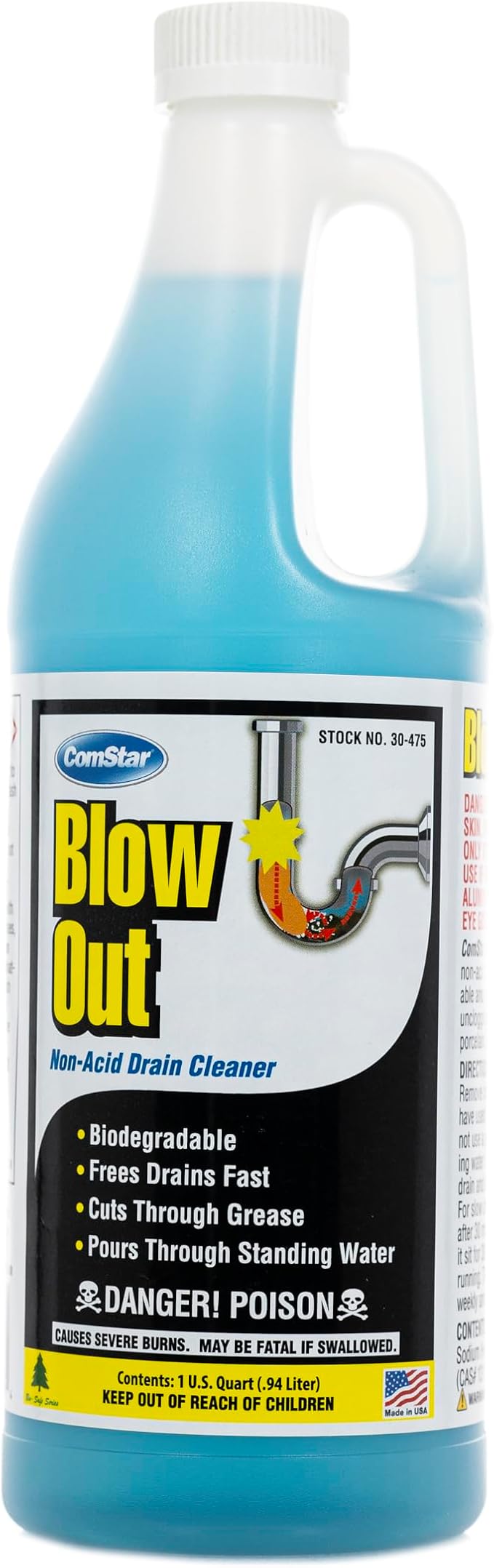 ComStar Blow Out, Non-Acid Liquid Drain Cleaner, Industrial Strength Formula for Fast Unclogging, Dissolves Hair Grease Soap & Organic Build-Up, Safe for Pipes, Septic, Porcelain, 1 Quart (30-475)