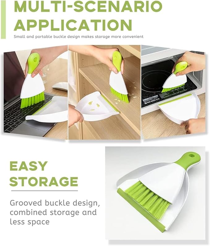 Small Hand Dust Pan and Brush - Small Broom and Dustpan Set, Mini Broom and Dustpan, Compact Dustpans and Brush for Home Cleaning, Sofa, Desk, Guinea Pig Cage, Cat Litter, etc. (Green 3 Set)