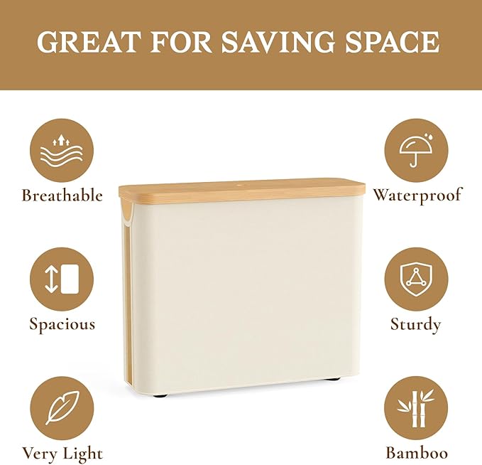 Toilet Paper Storage Basket with Bamboo Lid, Toilet Paper Holder with Storage, Free Standing Bathroom Storage Organizers with Non-Slip Bottom Beige, 1 Pack