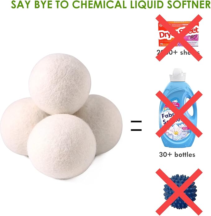 Wool Dryer Balls Organic 4 Pack XL,Laundry Dryer Balls,100% New Zealand Wool Natural Fabric Softener,Reusable 1000 Loads,Shorten Drying Time & Reduces Wrinkles,Baby Safe(4 Pack)
