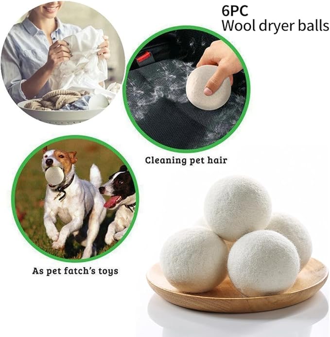 Laundry Wool Dryer Balls, 6 Pack Natural Fabric Softener, Reusable Laundry Balls for Dryer, Reduces Clothing Wrinkles and Saves Drying Time for Washing Machine Accessories