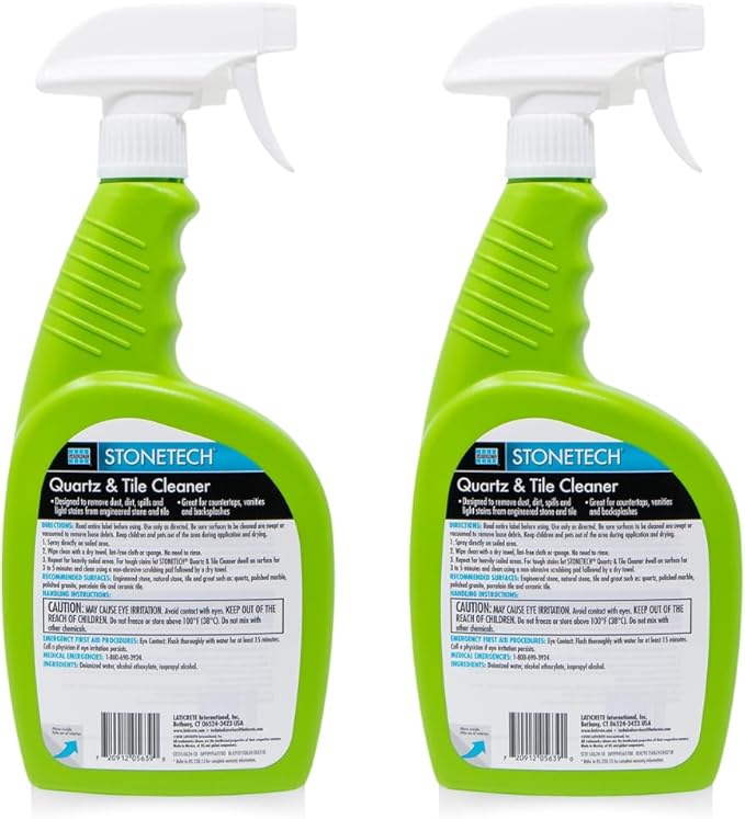 StoneTech Quartz & Tile Cleaner Spray – Quartz Countertop Cleaner for Engineered Stone, Ceramic & Porcelain – Removes Dirt & Spills – 2-Pack, 24oz Each + 2 Microfiber Cloths Fresh Scent