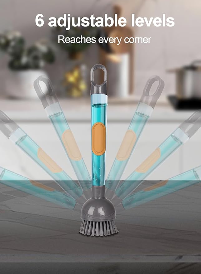 Soap Dispensing Dish Brush Storage Set with 360° Rotating Head, Kitchen Brush with 2 PCS Different Brush Heads & 3 PCS Sponges, Dish Brush Set with Handle for Dishes, Sink, Pans, Pots