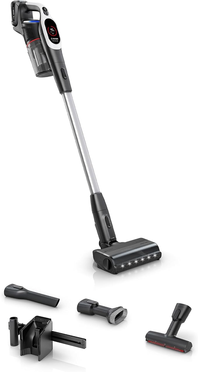 Bosch Unlimited 9 Cordless Stick Vacuum, 60-min Runtime, MicroClean Technology, >99.9% Dust Pickup, Dust Compression, HEPA Filter, Pet Hair, Carpets & Hard Floors, 3 Accessories, White