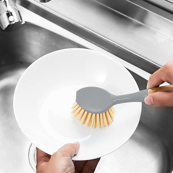 2 Pack Kitchen Dish Brushes with Bamboo Handle, Dish Scrubber Built-in Scraper, Scrub Brush for Pans, Pots, Counter & Kitchen Sink Cleaning, Dishwashing and Cleaning Brush Tools, White