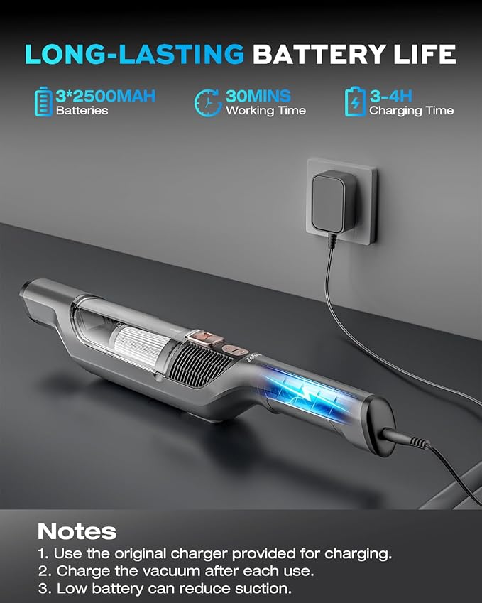 Zefiro Compact Powerful Cordless Handheld Vacuum, Rechargeable Portable Car Vacuum for Car & Pet Hair, 25000PA High Power Suction, XL Dust Cup, 2 Brushes & Filters, Long Runtime with Charger