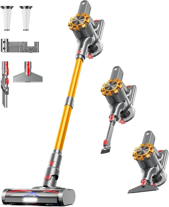 CHEBIO Cordless Vacuum Cleaner, 500W/45Kpa Vacuum Cleaners for Home with LED Display, 8 in 1 Lightweight Stick Vacuum with 60Min Runtime, Anti-tangle, Wall Mount Charging for HardFloor/Carpet/Pet Hair