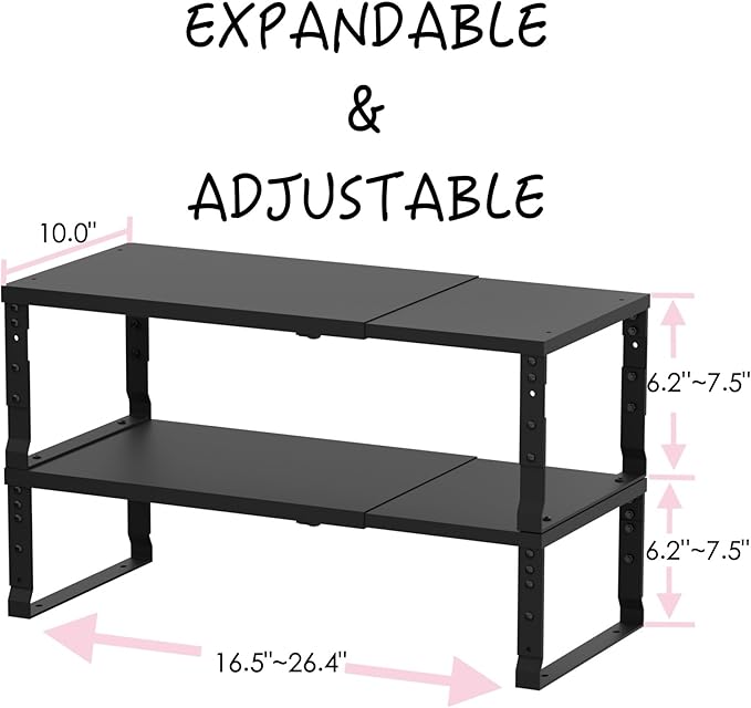 Adjustable Metal Shelving Unit, Stackable & Expendable Storage Rack for Home/Office/Kitchen, Space-Saving，Sturdy&Durable，Easy Assembly (2PACKS/Large/Black