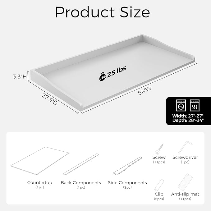 OAKHAM HOME Washer Dryer Countertop 54" W x 27.5"D Washer Dryer Topper with Non-Slip Pads Laundry Countertop for Laundry Room Organization and Storage, White