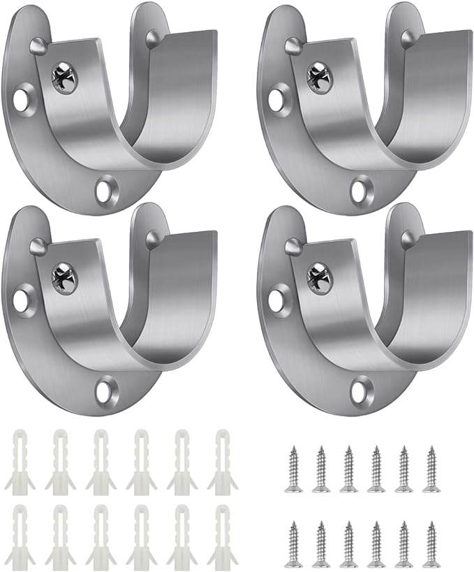 4 Packs Stainless Steel Wardrobe Bracket U-Shaped Rod Socket Flange 1-1/4" Diameter Heavy Duty Closet Rod Brackets End Supports for Closet Rod with Screws (Silver)