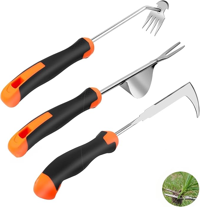 Weed Puller Tool, 3 Pack Hand Weeder Tool, Stainless Steel Dandelion Remover for Lawn Care, 4 Teeth Manual Crack Weeder, L-Shaped Weeding Tool with Ergonomic Handle for Garden, Flower Beds, Patio