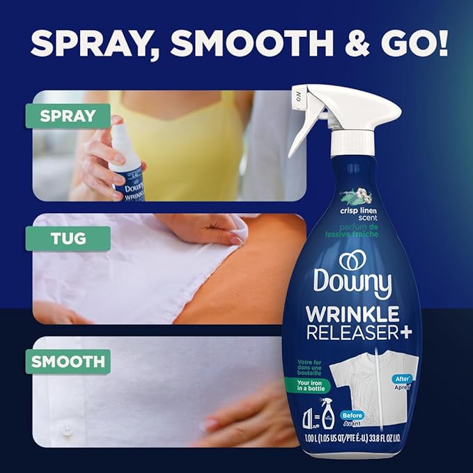 Downy Wrinkle Releaser Spray, All In One Formula, Removes Wrinkles, Static and Odor Eliminator, Crisp Linen Scent, 33.8 Fl Oz (Packaging May Vary),(Pack of 4)