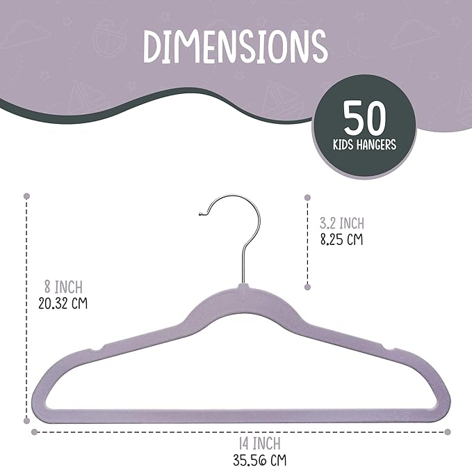 TechZoo 50 Premium Kids Velvet Hangers - 14'' Non-Slip, Ultra-Slim & Space-Saving Hangers - 360° Swivel Hook, Strong & Durable for Children & Preteens - Purple