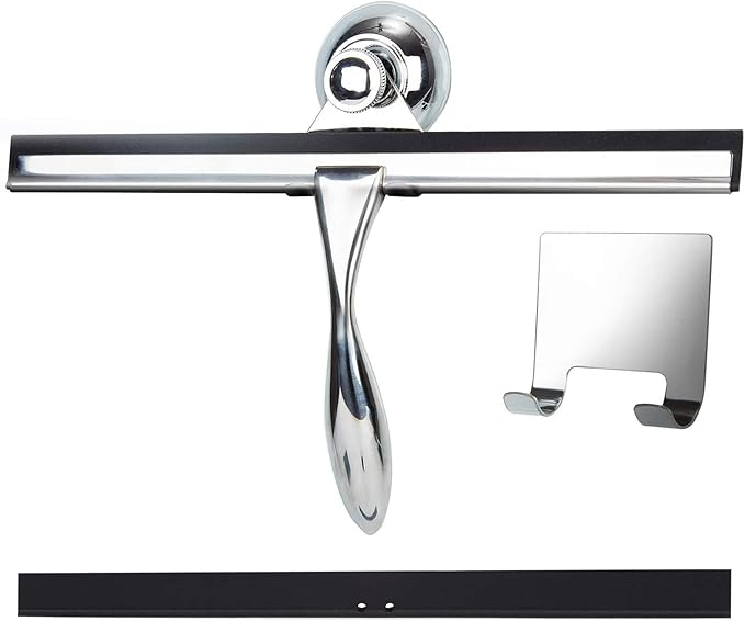 12 Inch Squeegee for Shower, Shower Squeegee with Suction Cup Hooks, for Glass Door Marble Mirror Bathroom, Chrome Plated Stainless Steel Deluxe Car Window Home Kitchen Tile Scraper