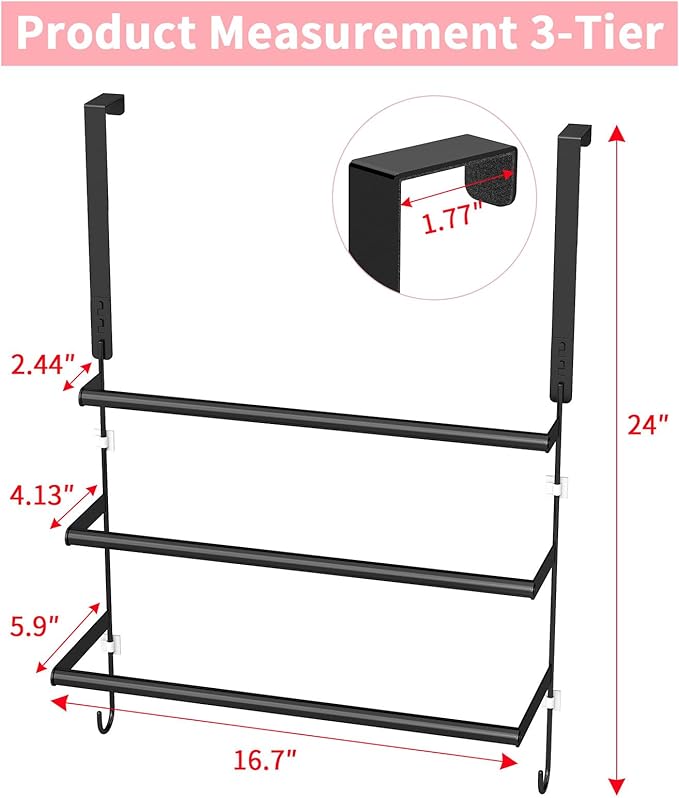 Over The Door Towel Rack,Towel Rack with Hooks for Door Hanging, Door Towel Bar, Over Door Towel Racks for Bathroom (Black)