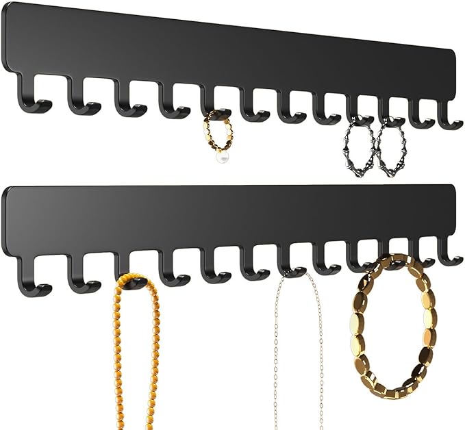 Necklace Holder - Hanging Jewelry Organizer, Self-Adhesive, Wall Mount, 2 PCS, Black