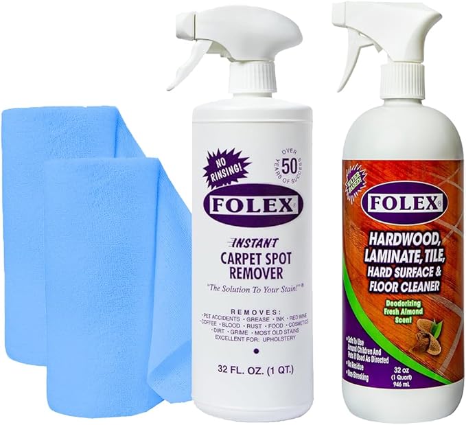 FOLEX Carpet Spot Remover & Hardwood/Floor Cleaner Bundle – Removes Pet Stains, Grease, Red Wine, Food & More – Bundle of Two 32 oz Bottles + 2 Reusable Cleaning Cloths