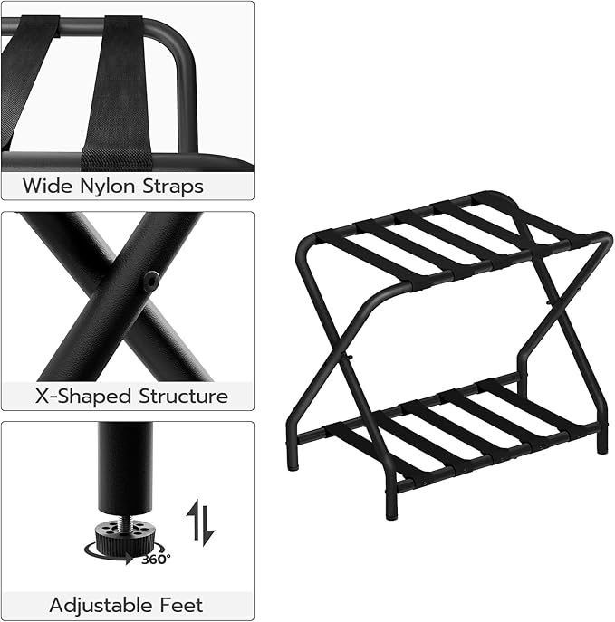 HOOBRO Luggage Rack, Folding Suitcase Stand with Fabric Storage Shelf for Guest Room, Bedroom, Hotel, Holds up to 100 lb, 27 x 15.3 x 22 Inches, Space Saving, Black BK04XL01