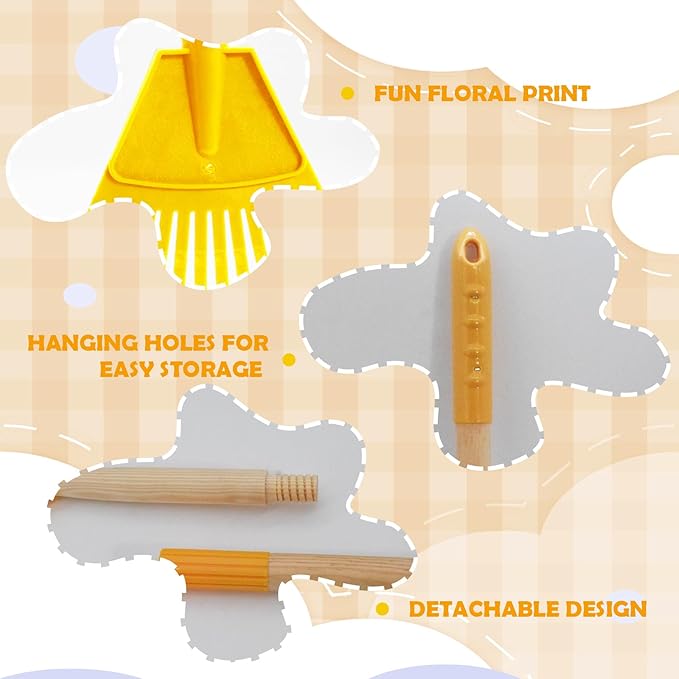 Kids Leaf Rake - 3-Section Adjustable Handle, Lightweight, Wood & Plastic, Small Garden Tool for Children (Red+Yellow)