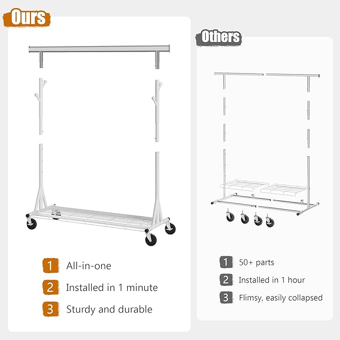 Gewudraw Heavy Duty Clothes Rack, 530 lbs Load Capacity Metal Garment Rack on Wheels - Collapsible Adjustable Portable Storage with Hooks, White